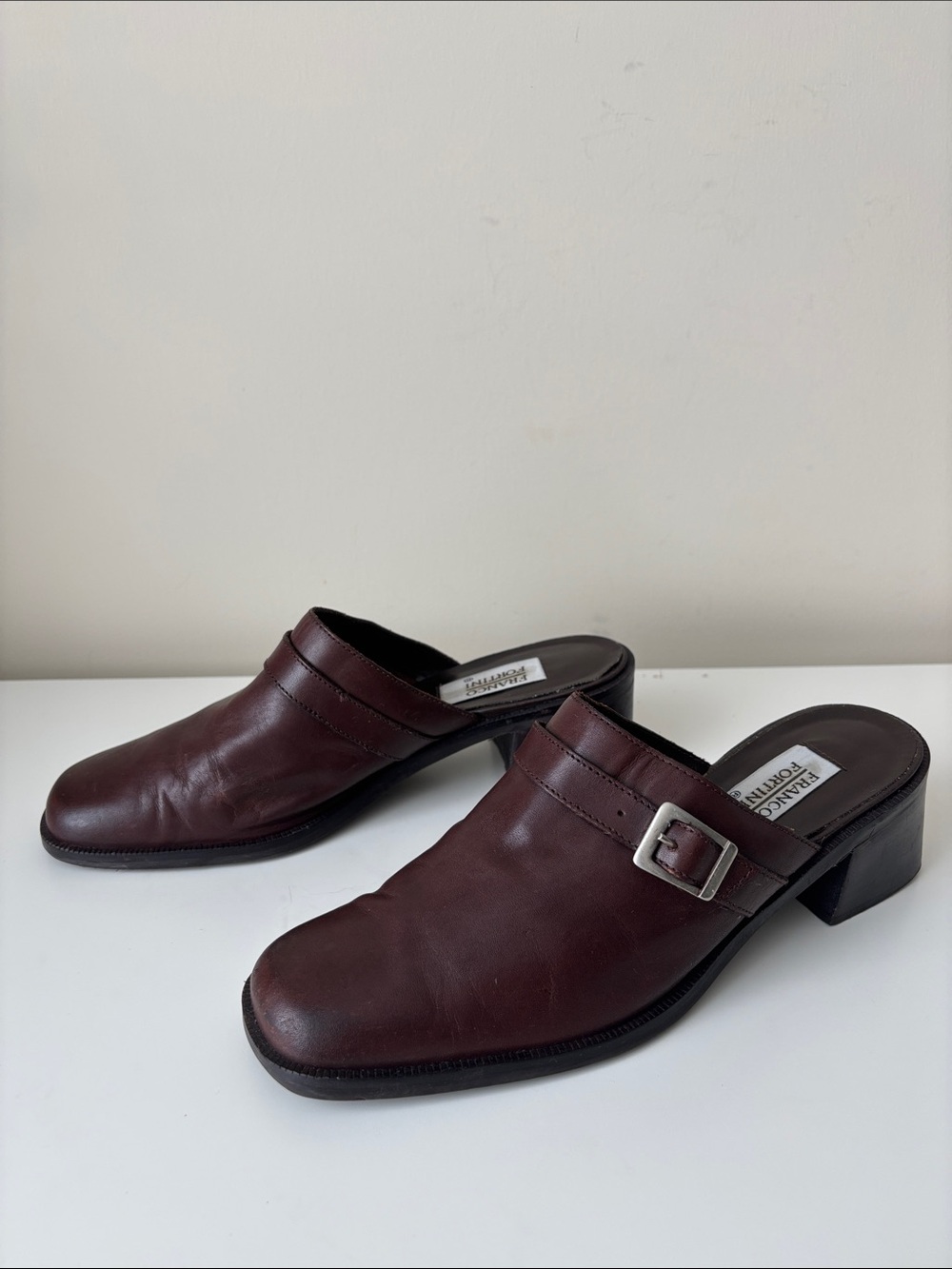Franco Fortini brown leather mules side buckle chunky heel Devin 7 EUC VTG